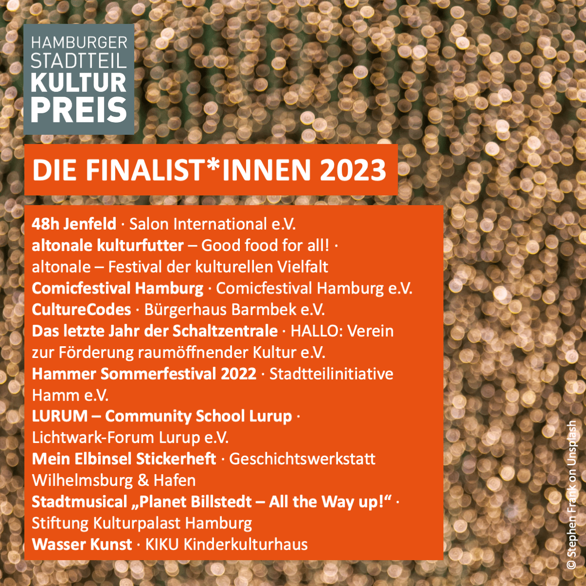 Die zehn Finalist*innen des Hamburger Stadtteilkulturpreises 2023