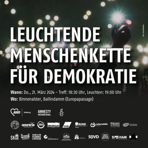 „Hand in Hand gegen Rassismus“ – leuchtende Menschenkette für Demokratie am 21. März 2024 um die Binnenalster