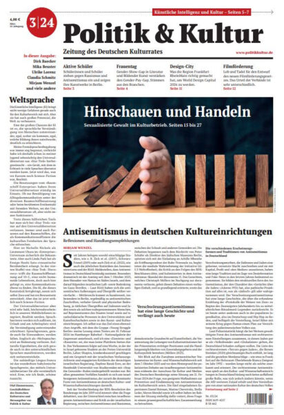 Die März-Ausgabe der Zeitung des Deutschen Kulturrates Politik & Kultur setzt sich in ihrem Schwerpunkt mit dem Thema Sexualisierte Gewalt im Kulturbereich auseinander. 