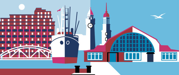 Das Bild zeigt eine Grafik, die abstrahiert typische Bauwerke Hamburgs zeigt. Die Wandelhalle des Hamburger Bahnhofs, den Michel, ein Schiff sowie eine Brücke und ein Backsteingebäude. Die Grafik ist in blau, weiß, rot und pink gehalten.