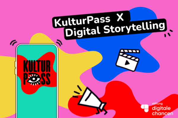 Grafik, die auf einem gelb-blau-pink-rot verschwommenen Hintergrund verschiedene stilisierte Dinge zeigt, ein Handy mit dem Schriftzug KulturPass, ein Megafon, eine Filmklappe. Über das Bild zieht sich der Schriftzug KulturPass X Digital Storytelling