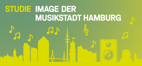 Zu sehen sind wichtige Elemente der Hamburger Skyline wie der Elphi, dem Planetarium im Hamburger Stadtpark, der Köhlbrandbrücke und dem Heinrich-Hertz-Turm. Umgeben sind diese Elemente von einem Lautsprecher und Musiknoten und Notenschlüsseln. Darüber befindet sich ein Schriftzug - dort steht: Studie. Image der Musikstadt Hamburg.