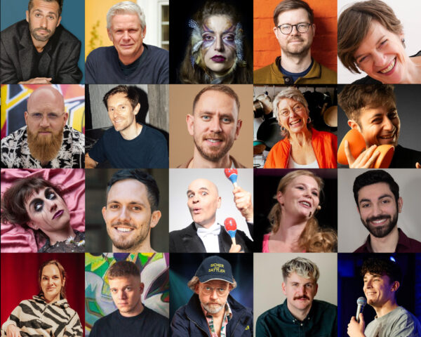 Collage aus 20 Portraitfotos von Menschen, von denen die meisten in die Kamera lächeln oder lachen