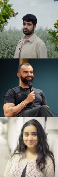 Portraits dreier Personen untereinander. Zwei Männer mit dunklen Haaren und Bart. Eine Frau mit langen dunklen Haaren.