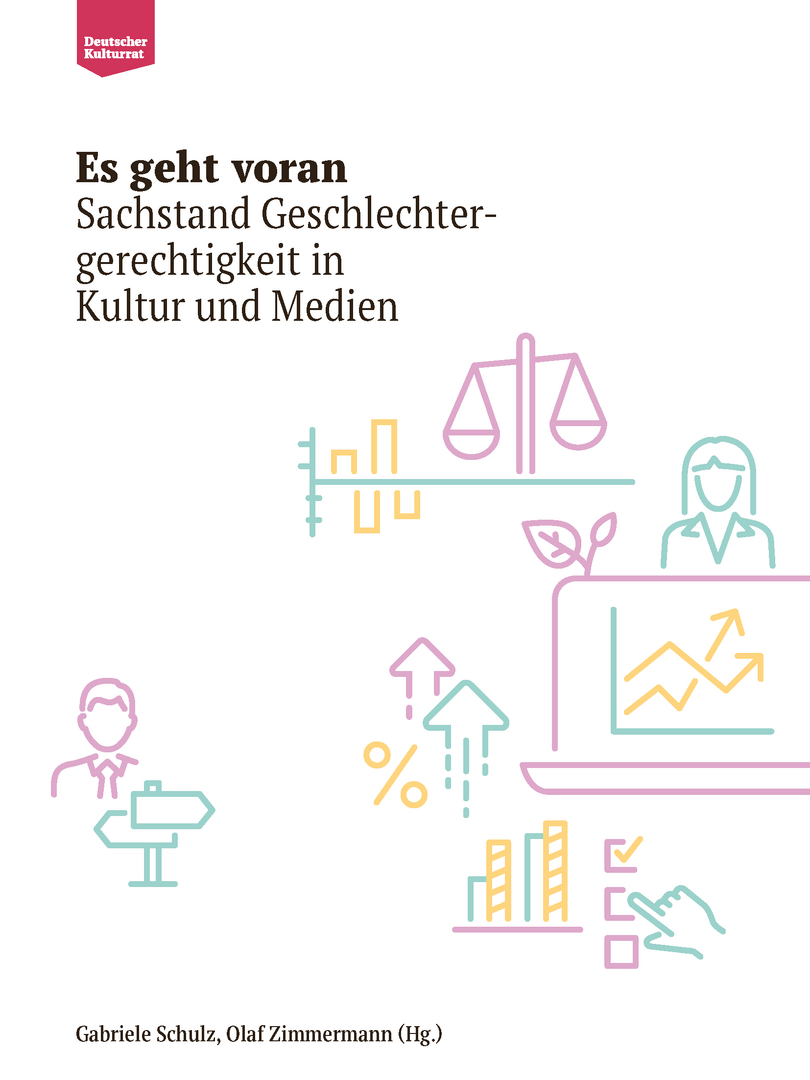 Es ist das Cover der Publikation "Es geht voran" abgebildet. Der entsprechende Schriftzug befindet sich in schwarz in der linken oberen Ecke. Das Cover ziert verschiedene grafische Zeichen in rosa, gelb und grün. Es ist eine Waage, zwei Personen mit jeweils langen und kurzen Haaren zu sehen. Pfeile die nach oben zeigen und Wachstum darstellen sollen. Es sind verschiedene Diagramme abgebildet.