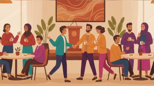 bunte Illustration von Menschen bei einem Treffen, wo manche mit Kaffeetassen in der Hand stehen und sich unterhalten, andere sitzen an Tischen. Manche Menschen tragen Bart, andere Kopftuch.