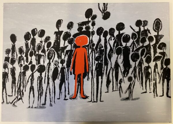 Zeichnung einer schwarz gemalter Gruppe Figuren in unterschiedlichen Formen und Größen, in deren Mitte eine größere Figur in rot steht.