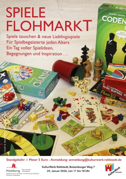 Veranstaltungsplakat für einen Spieleflohmarkt mit verschiedenen Utensielien von Brett- und Kartenspielen