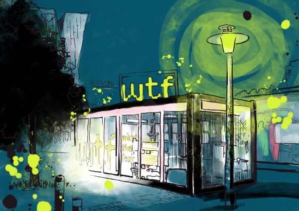 Illustration einer nächtlichen Szene auf dem Hamburger Spielbudenplatz mit einem gläsernern Container, der den Schriftzug wtf auf dem Dach trägt und von einer Straßenlaterne beleuchtet wird