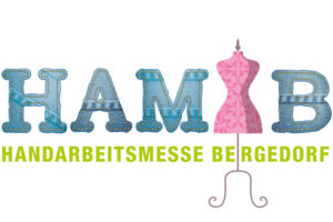 Werbeschriftzug HAMB in blau mit einer illustrierten Anziehbüste und einem weiteren Schriftzug in grün: Handarbeitsmesse Bergedorf