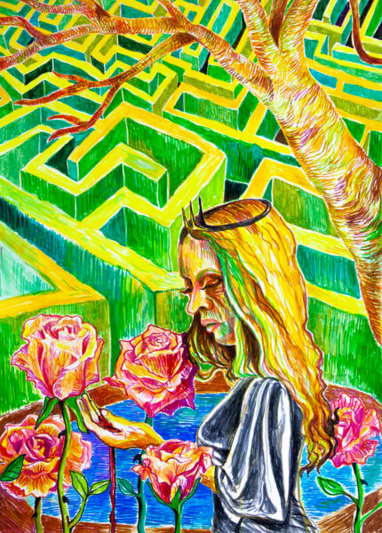Bunte Zeichnung mit einem grün-gelben Labyrinth im Hintergrund, vor dem ein bräunlicher Baum ins Bild ragt und ein blonde langhaarige Person an eine von mehreren rosa Rosen fassr
