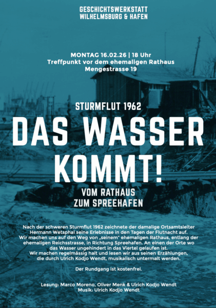 Veranstaltungsplakat mit Hintergrundinfos auf historisch blau gefilterten Foto der Sturmflut 1962