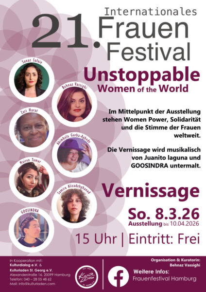 Veranstaltungsplakat 21. Internationales Frauenfestival mit Fotoportraits der Beteiligten und schriftlichen Informationen