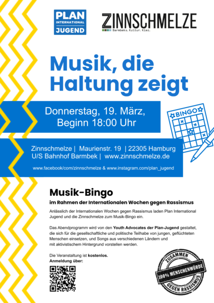 Veranstaltungsplakat für Musik, die Haltung zeigt mit blauer Schrift auf weißem Grund sowie einer stilisierten Bingokarte, einem QR-Code für die Anmeldung zur Veranstaltung und dem Logo der Internationalen Wochen gegen Rassismus