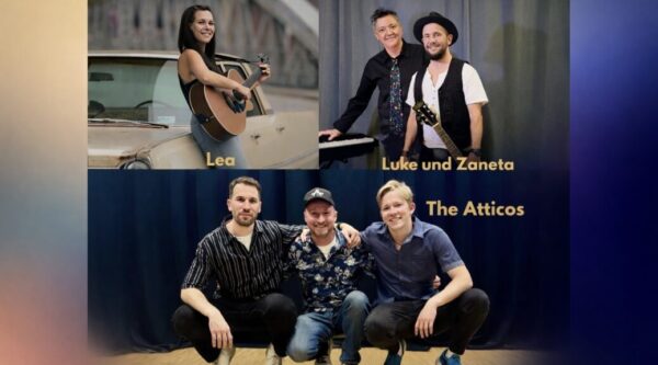 Fotocollage dreier Musikacts: Lea, die mit Akustikgitarre an einem Auto lehnt; Luke und Zaneta nebeneinander stehend; The Atticos nebeneinander in der Hocke kniend