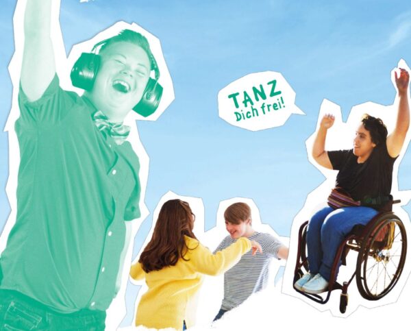 Collage auf blauem Hintergrund mit ausgeschnittenen Fotos von Menschen, die tanzen, von denen eine Person Kopfhörer trägt, eine andere im Rollstuhl sitzt und in einer Sprechblase steht: Tanz dich frei!
