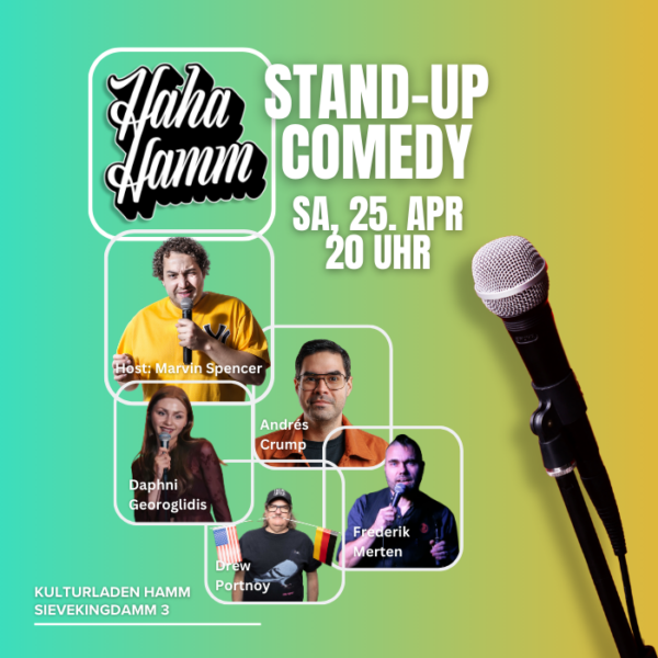 Veranstaltungsankündigung für HaHaHamm Stand-Up-Comedy mit Fotos der vier teilnehmenden Comedians, Informationen zur Veranstaltung und einem Mikrofon