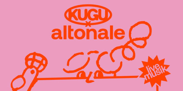 Auf rosa Grund rote Schriftzüge von Kultur & Gut und altonale und eine Skizze einer Person, die mit Mikro in der Hand über einen Strich guckt. Daneben ein Stern mit den Worten live musik