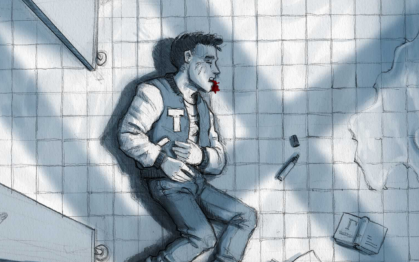 schwarz-weiße Graphic-Novel-Darstellung eines Mannes, der in einem öffentlichen Toilettenraum auf den Fliesen liegt und sich die Seite hält. Vor seinem Mund eine kleine rote Blutlache, das einzig farbige auf der Zeichnung. Vor dem Mann, der eine College-Jacke mit„T“ auf dem Revers trägt liegen ein Stift und ein Langenscheidt-Buch
