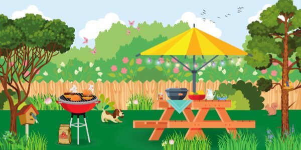 Bunte Illustration mit Sonnenschirm, gedecktem Picknick-Tisch, Grill, Vogelhäuschen, Hund und viel Grün durch Bäume, Rasen, Büsche, Hecke